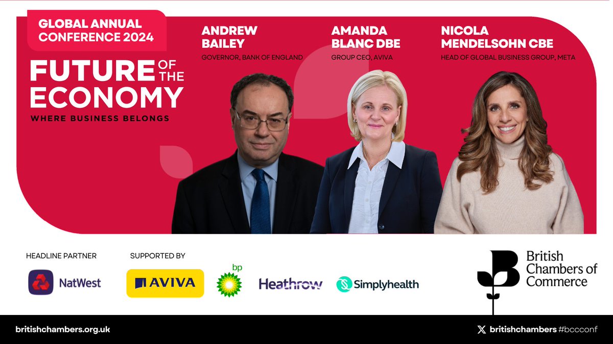 We're thrilled to announce Andrew Bailey - Governor @bankofengland, Amanda Blanc - Group CEO @avivaplc and @nicolamen - Head of Global Business Group @Meta, as our #BCCCONF 2024 speakers! ✨ Secure your tickets👉ow.ly/atPW50RiNVS Headline partner @NatWestBusiness.