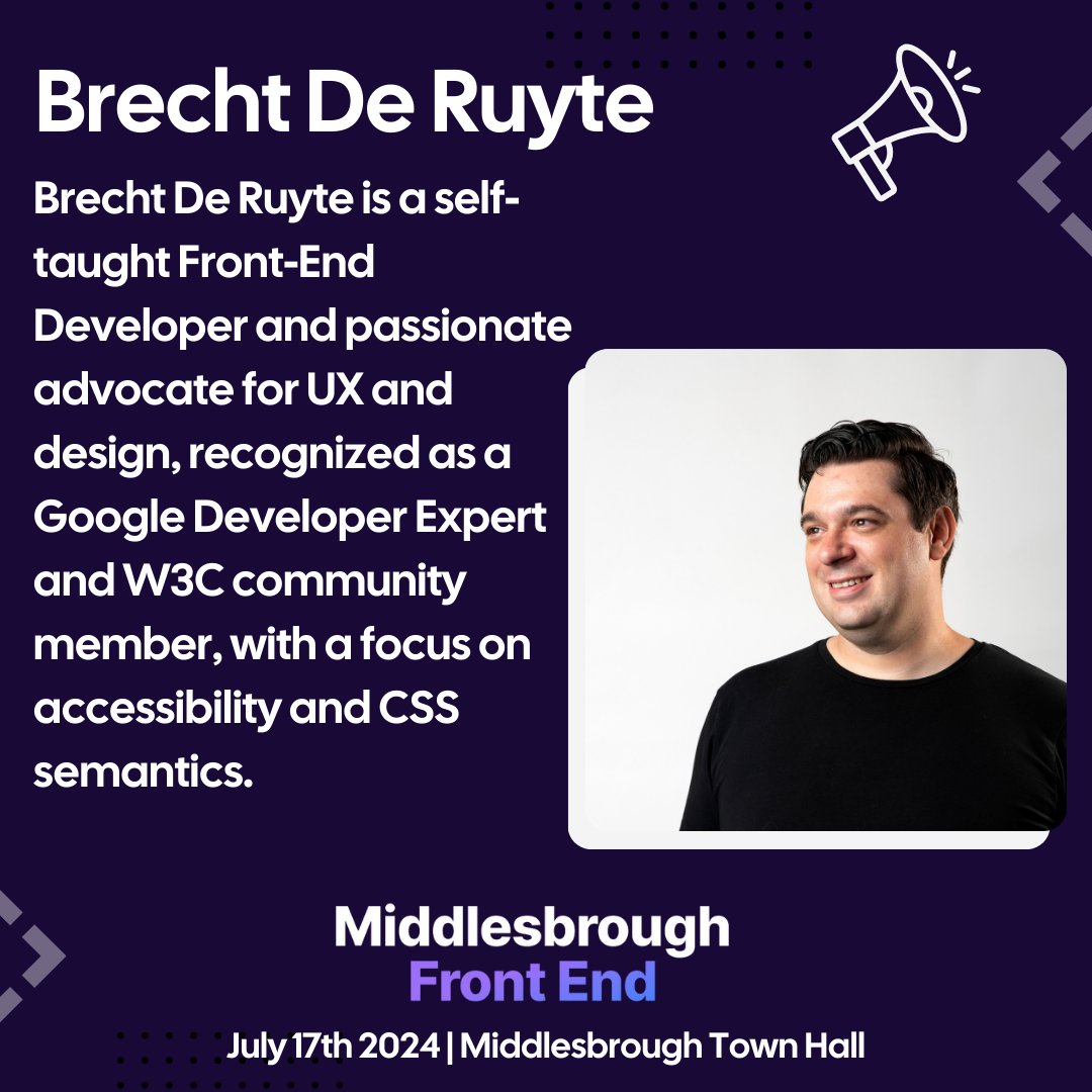 Welcome Brecht De Ruyte @utilitybend as a keynote speaker for MFE2024! 🎉 With over a decade of tech experience, he brings a focus on UX, accessibility, and CSS semantics as a Google Developer Expert and W3C community member👏 🎫 middlesbroughfe.co.uk