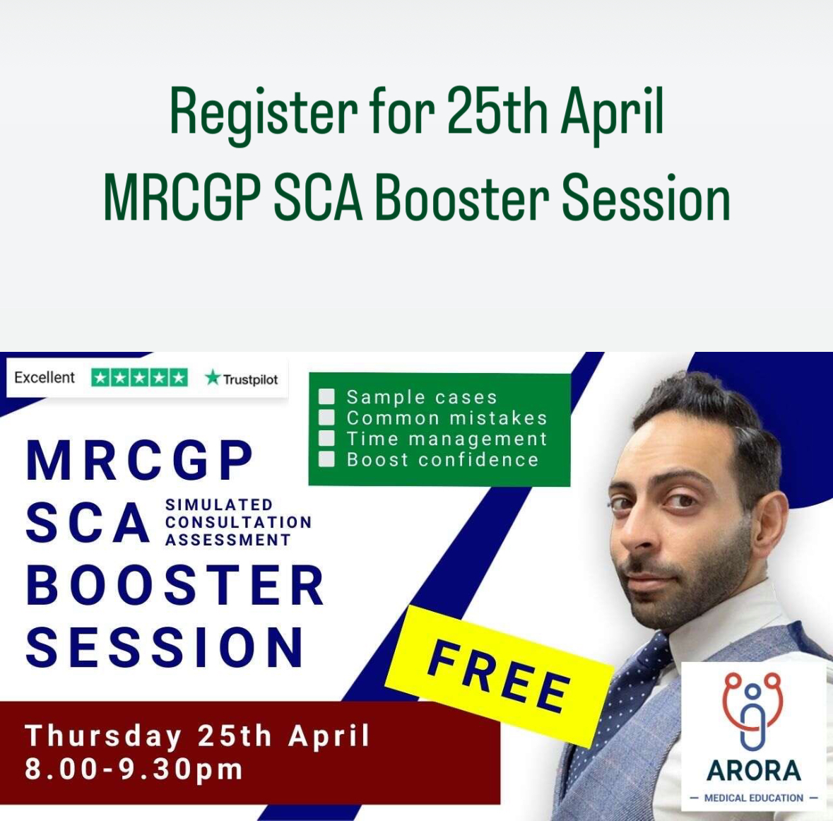 🙋‍♂️🙋‍♀️ If you’re taking the MRCGP SCA exam soon then our Free SCA Boster webinar is a must! Register here: aroramedicaleducation-co-uk.zoom.us/webinar/regist…

✅ What to know about SCA, Key dates. How to prepare

#CanPassWillPass #GPtrainee #Meded