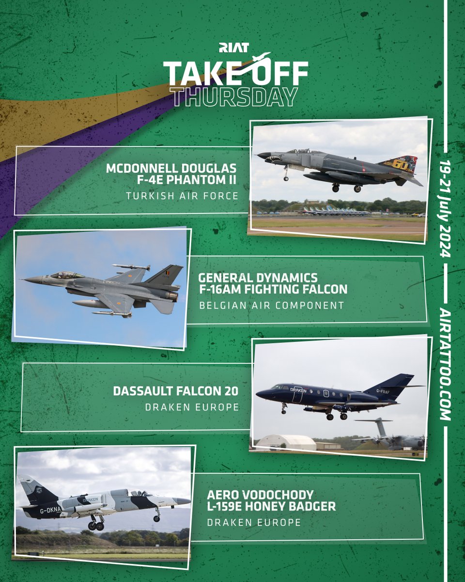 This week, we confirm <a href="/soloturk/">SOLOTÜRK</a> in the flying display! 

In addition, Phantoms from Turkey, Fighting Falcon from <a href="/BeAirForce/">Belgian Air Force🇧🇪</a>, Falcon 20 &amp; Honey Badger from <a href="/draken_europe/">Draken Europe</a> will also be static display! 

For the full update, click here: bit.ly/aircraft-updat… 

#RIAT #RIAT2024