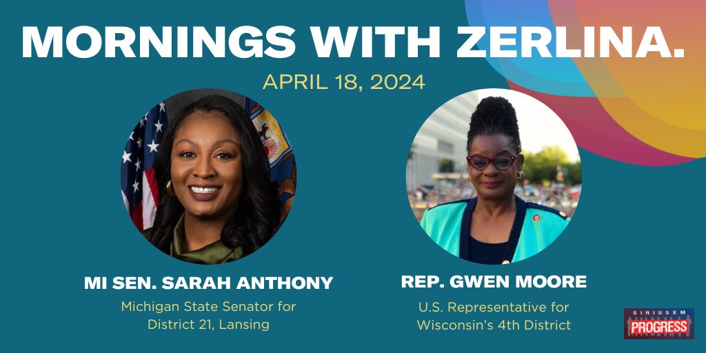 Hello Thursday! Joining @ZerlinaMaxwell on the show this morning: Michigan State Senator for District 21, Lansing @SarahAnthony517 + U.S. Representative for Wisconsin's 4th Congressional District @RepGwenMoore! 📻@SiriusXMProg Ch. 127 siriusxm.us/Zerlina