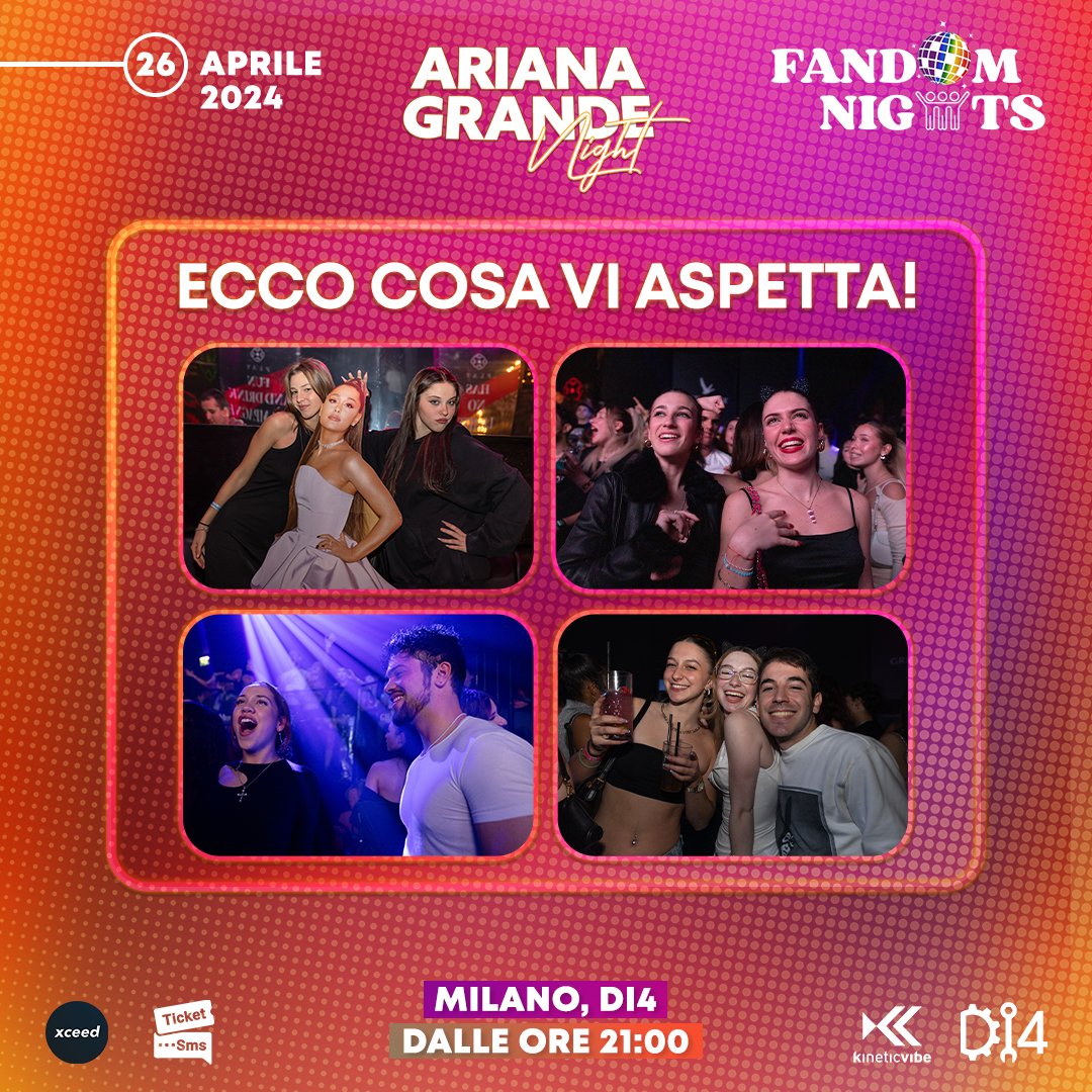 Parte il countdown ufficiale alla prima Ariana Grande Night dell'anno! Ecco un piccolo assaggio di ciò che abbiamo preparato per voi! 🪩💖 📅 Vi aspettiamo il 26 aprile al DI4 dalle h. 21:00! Siete pronti? 🎟️ Biglietti qui: shop.kineticvibe.net/events/ariana-… #fandomnights #arianagrande