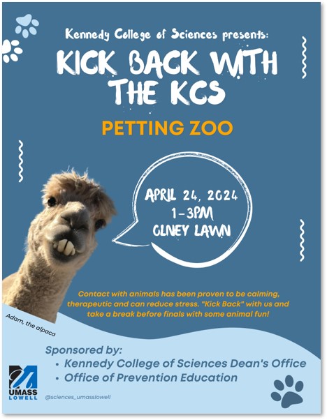 Oh HEYYYYYYY! Guess who returns to the KCS next week: ADAM THE ALPACA and his band of furry friends! Join us on Wednesday, April 24 on the Olney Lawn between 1-3pm for your pre-finals snugz. #hiimadam #kickbackwiththekcs #babyanimals