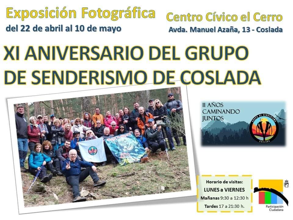 📸👟🏔️ Exposición fotográfica: 'XI Aniversario del Grupo de Senderismo de #Coslada' 🗓️ Del 2⃣2⃣ de abril al 1⃣0⃣ de mayo en el C. C. El Cerro, Avd. Manuel Azaña 13, #Coslada ⌚️ Horario de visitas ⤵️ 🔴 De Lunes a viernes ➡️ Mañana, de 9:30 a 12:30 hs. ➡️ Tarde, de 17 a 21 hs.