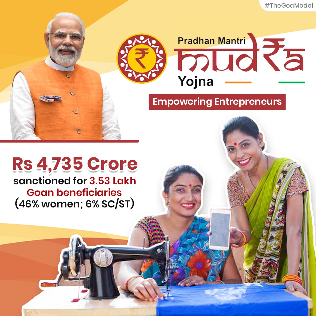 PRADHAN MANTRI MUDRA YOJANA fuels entrepreneurship! Over Rs 4,735 Crore sanctioned for 3.53 Lakh Goan beneficiaries, with significant support for women and SC/ST. #MudraYojna #Entrepreneurship #TheGoaModel
#PradhanMantriMudraYojana #Entrepreneurship #FinancialSupport