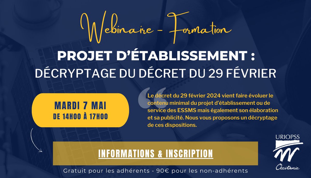[WEBINAIRE FORMATION]

"Projet d'établissement : décryptage du décret du 29 février 2024".

➡️Mardi 7 mai
➡️14h - 17h 

Plus d'infos et inscriptions : us02web.zoom.us/meeting/regist…