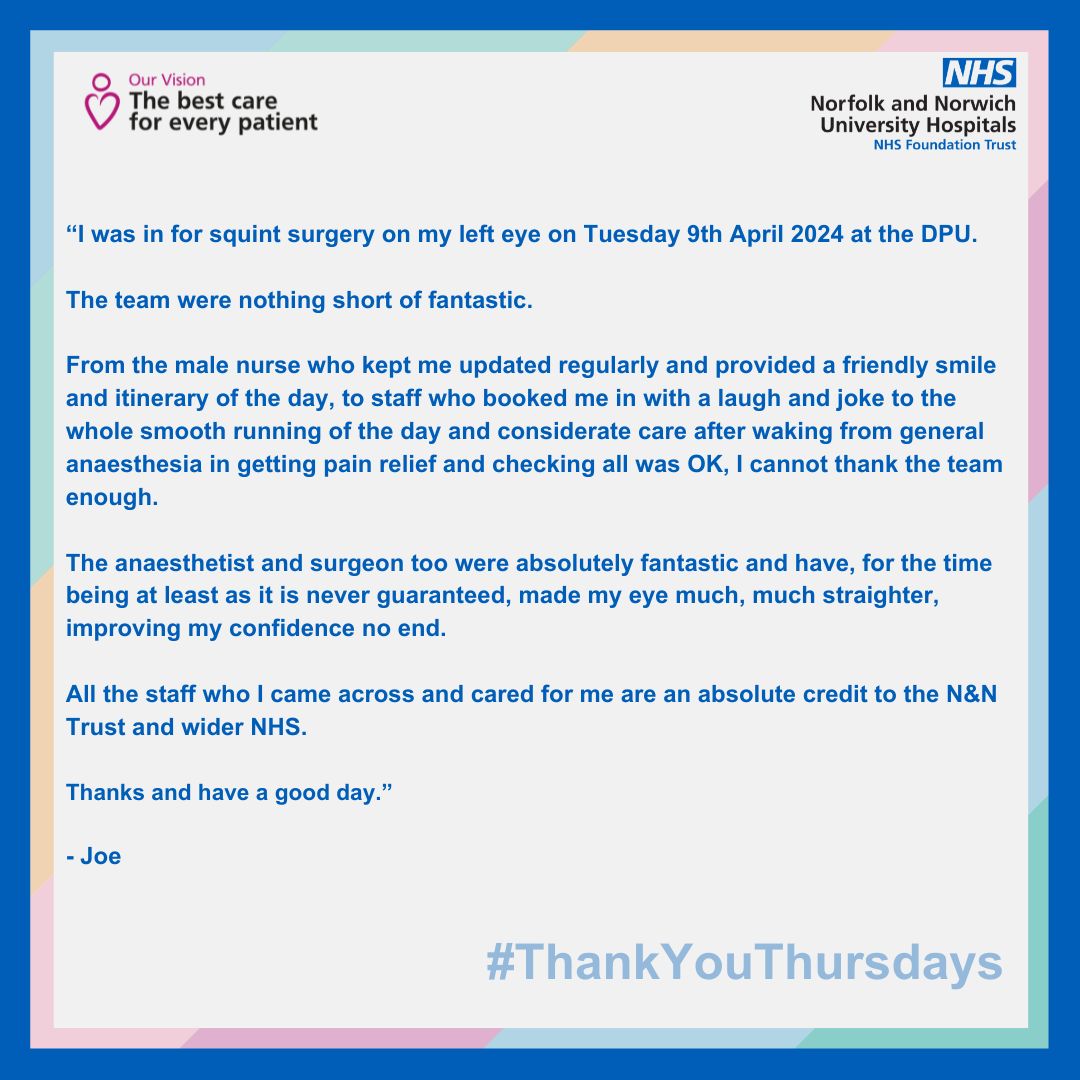 Our Arthur South Day Procedure Unit offers a comprehensive care pathway for adults and children undergoing planned day surgical procedures. We are proud to share this feedback from Joe following their procedure last week. Thank you for your kind words Joe!