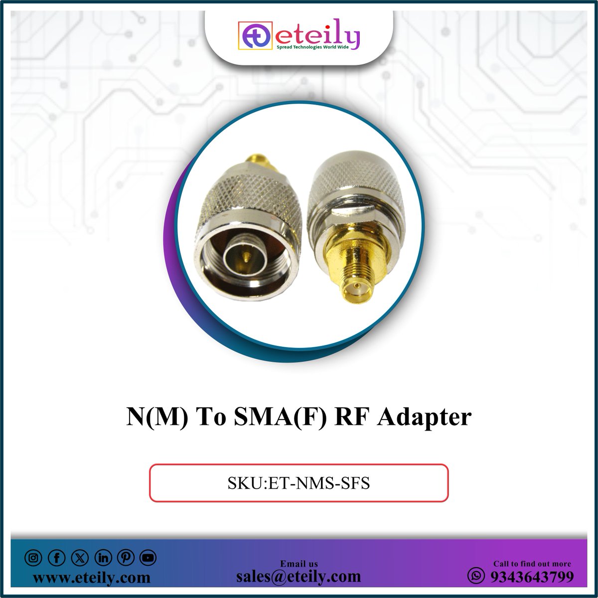 eteilyindia's tweet photo. Eteily Technologies India Pvt. Ltd.

N(M) Το SMA(F) RF Adapter
SKU:ET-VMS-SES

For More Info -
Contact Us - 9343643799 📞
👉Website - https://t.co/PofpRP841m

#eteily #technologies #eteilyindia #telecom #telecommunications #connector #sma #rfadapter #manufacturer #mumbai #india https://t.co/EqaklwAj9G