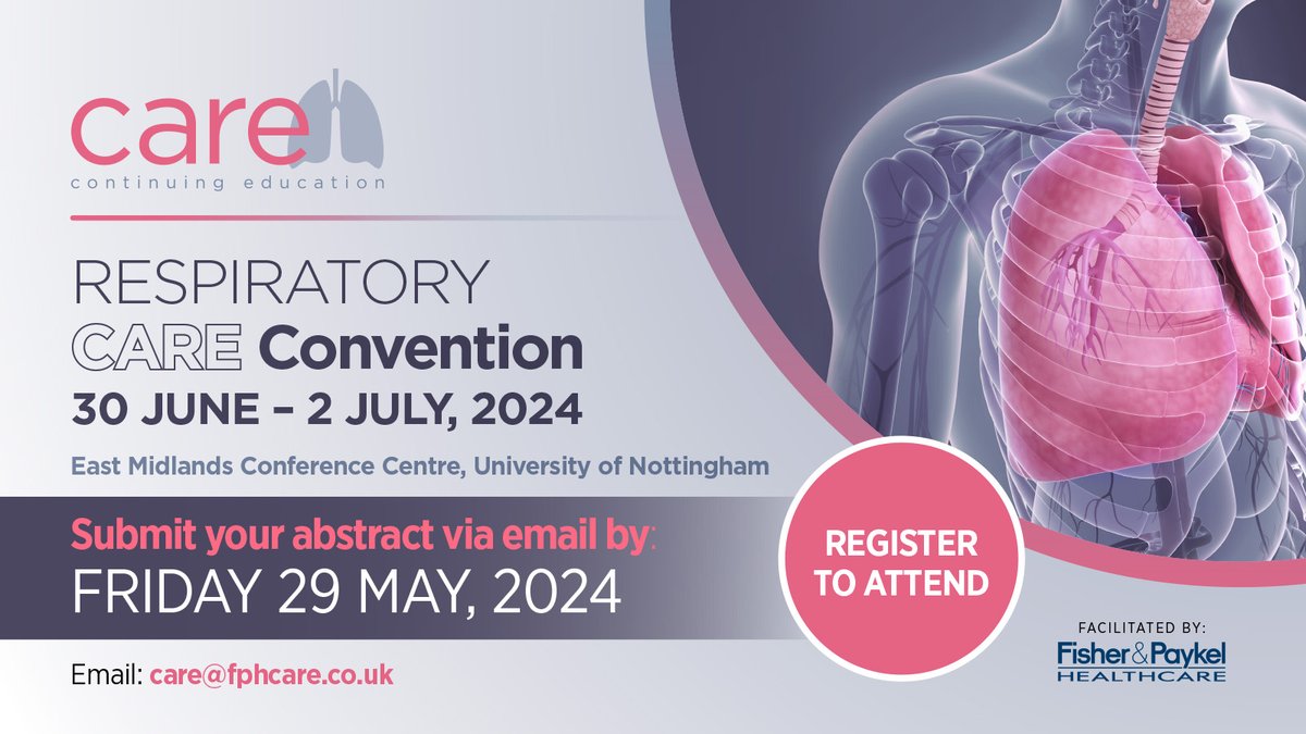 Abstract submissions for Respiratory CARE Convention 2024 are now open!    Don’t miss the opportunity to present your research, with a £1000 poster prize available towards education.  For more information, email: care@fphcare.co.uk

Register: eventbrite.co.uk/e/care-convent…