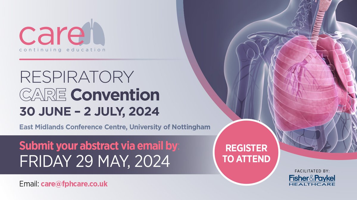 Abstract submissions for Respiratory CARE Convention 2024 are now open! Don’t miss the opportunity to present your research, with a £1000 poster prize available towards education. For more information, email: care@fphcare.co.uk Register: eventbrite.co.uk/e/care-convent…