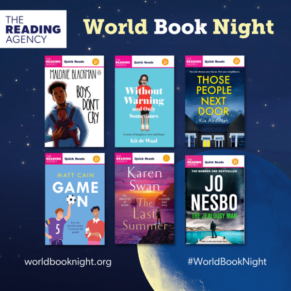 For this year's #WorldBookNight on 23 April, explore some of @readingagency's most popular #QuickReads, featuring titles by @MattCainWriter, @KarenSwan1, @malorieblackman, @KiaAbdullah, @KitdeWaal and Jo Nesbo! Browse and order this year's titles: bit.ly/3Vkj6Ex
