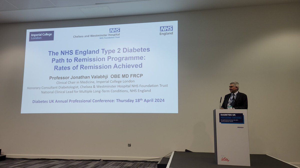 #DUKPC24 Prof Jonathon Valabhji giving first airing of rates of remission data from NHSE's #Type2Diabetes Path to #Remission programme At 12 months: 🔸️32% in remission from type 2 diabetes with average 15.9kg weight loss (programme completers) 👏🏻