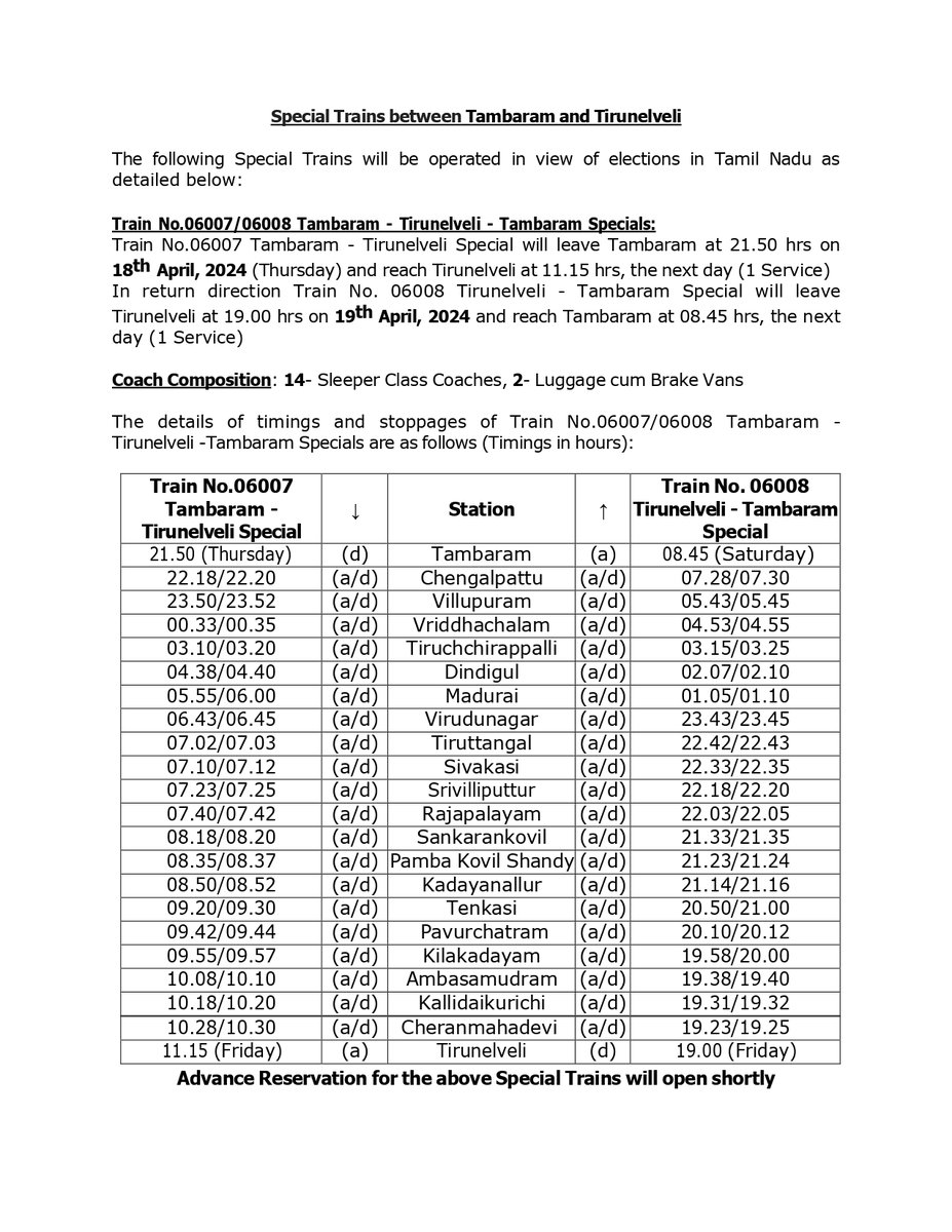 The following Special #Trains will be operated in view of elections in #TamilNadu 

Advance Reservation for the above Special Trains will open shortly

#SouthernRailway #RailwayUpdates #RailwayAlerts