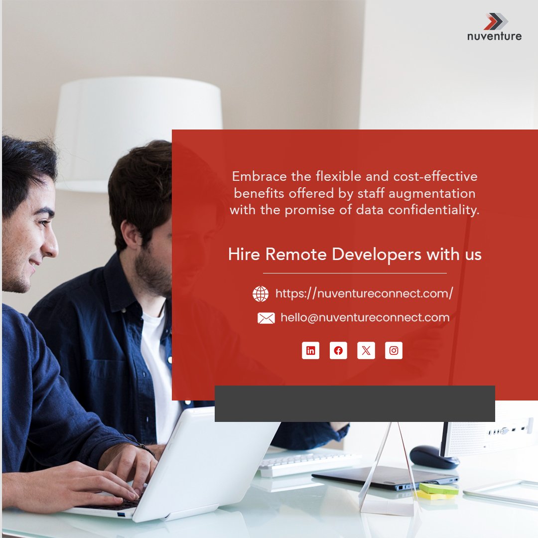 Hiring remote developers, but worried about safe staff augmentation? At Nuventure Connect security is paramount. Let us ease your concerns and  scale  business with skilled remote developers delivering results, no matter their location.' #RemoteHiring #StaffAugmentation