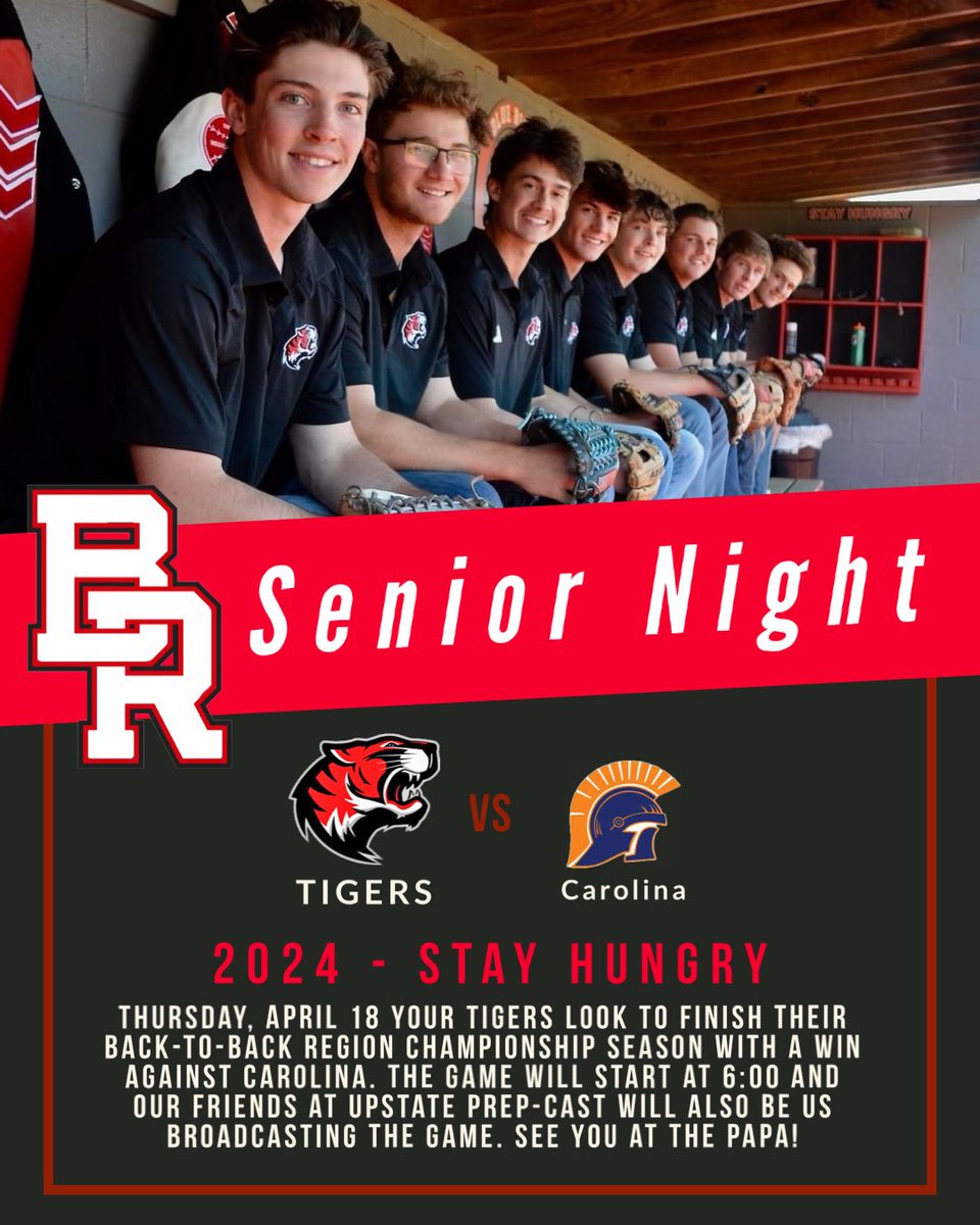 brhstigers's tweet photo. Thursday, April 18 your Tigers look to finish their Back-to-Back Region Championship season with a win against Carolina. The game will start at 6:00 and our friends at Upstate Prep-Cast will also be us broadcasting the game. See you at The Papa! @CastPrep @AshleyCWardlaw https://t.co/SvOtJSWDUg