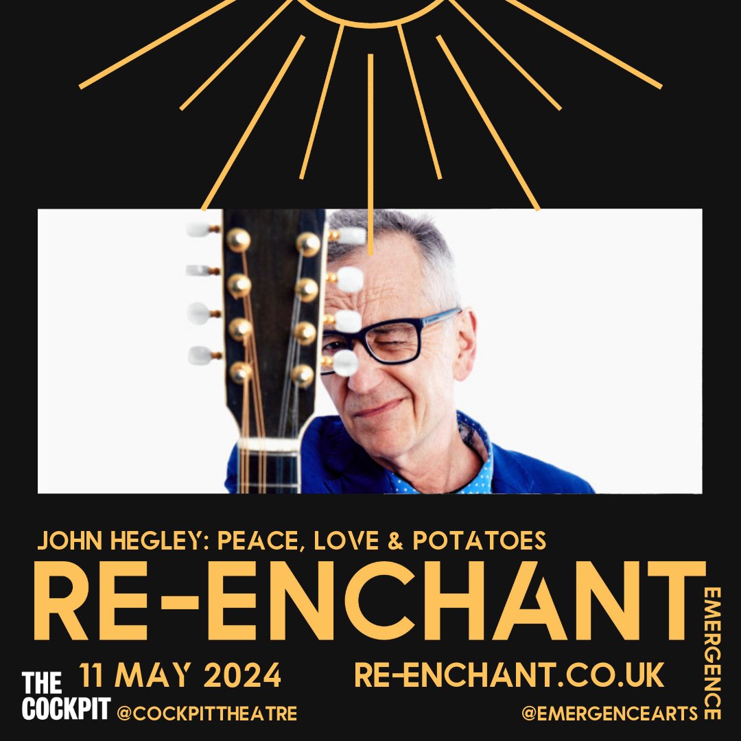 RE-ENCHANT A #SpokenWord Festival 7-12 May Day 5: Sat 11 May John Hegley: Peace, Love & Potatoes Pieces from the most recent collection dovetail with new bits from the poet's preparations for another foray into the Edinburgh Fringe. re-enchant.co.uk #johnhegley