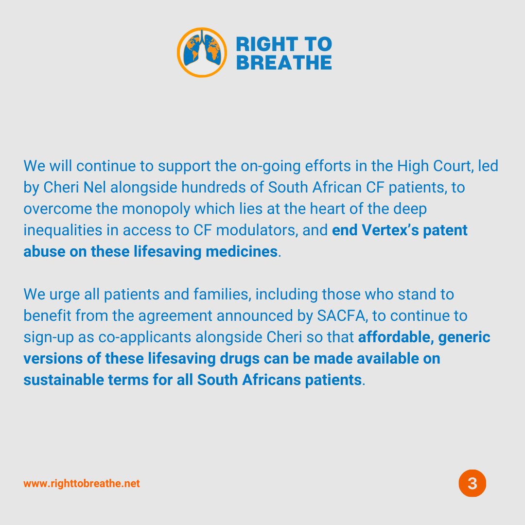 📢 A new agreement between SACFA & @vertexpharma offers Trikafta to some insured #cysticfibrosis patients at no cost to them. While this is good news & a step forward for some, we have concerns around transparency & access. Read our full statement ⬇️