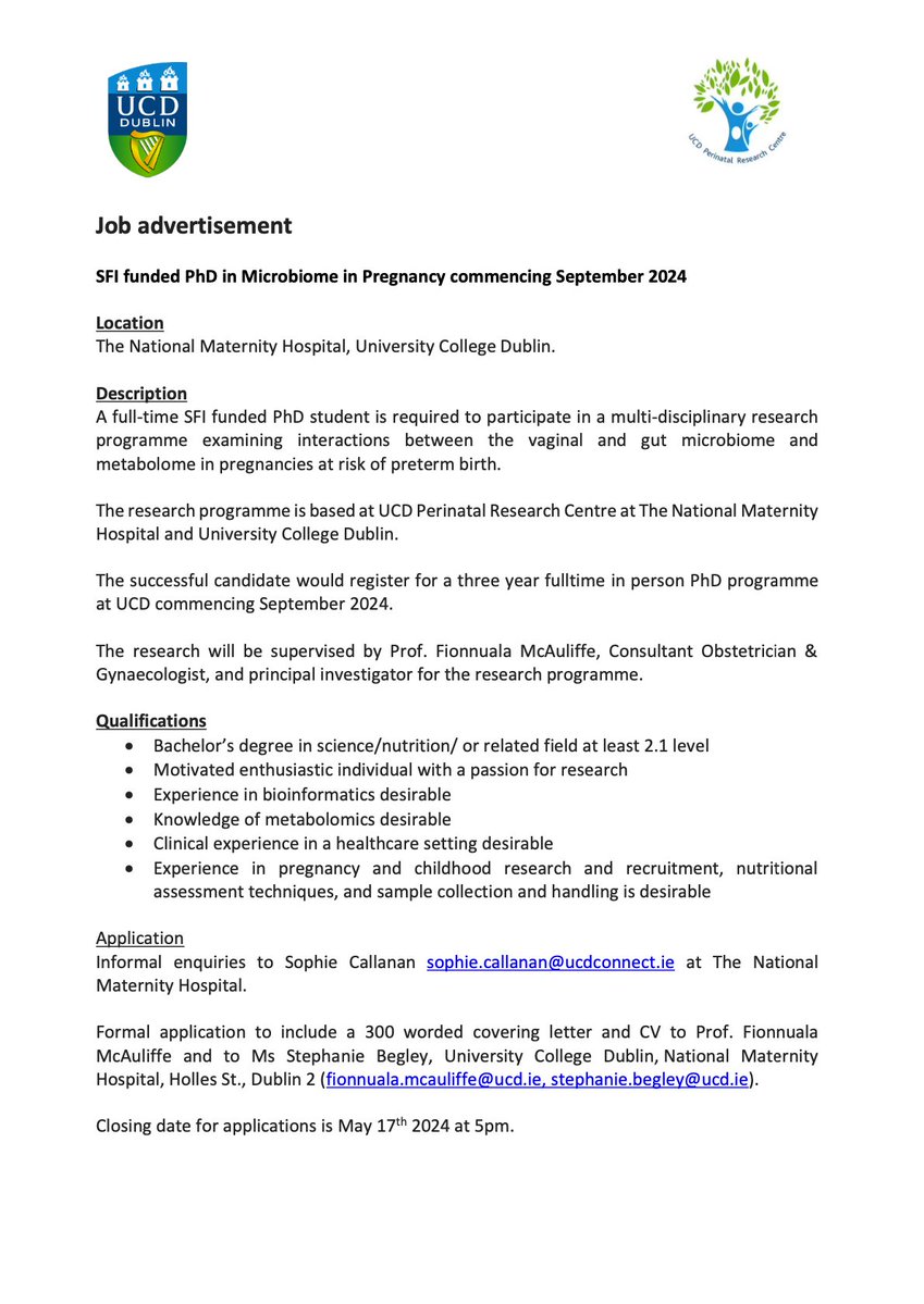 We’ve got a fantastic PhD opportunity in the UCD Perinatal Research Centre looking at the Microbiome in Pregnancy ⭐ Full details for this exciting PhD opportunity are below. #jobfairy #pregnancy #microbiome #irishresearch #phdlife @ProfFMcAuliffe @UCD_Research