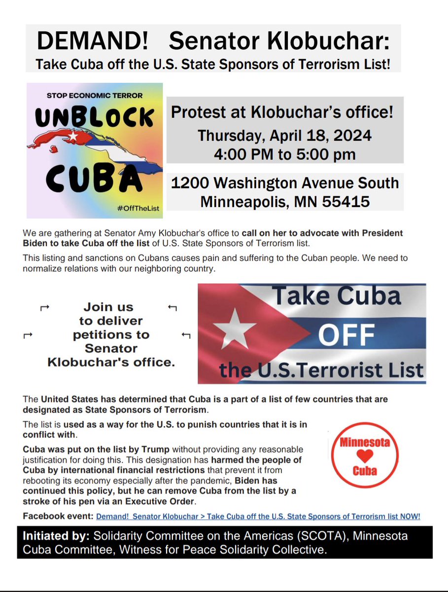 The depravity of the U.S. ruling class’ foreign policy towards the Cuban people is our international shame.

Join us TODAY at 4pm at Senator Klobuchar's office to demand that the U.S. take Cuba off the U.S. State Sponsors of Terrorism List! 

#LetCubaLive #OffTheList