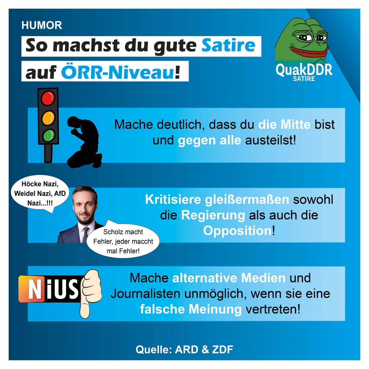 Wir wissen alle, die beste Satire macht der ÖRR! Wer kennt sie nicht, die genialen Witze der @heuteshow?! Wenn du genau so gute Satire machen möchtest wie Welke & Co, dann haben wir hier ein paar Tipps für dich!