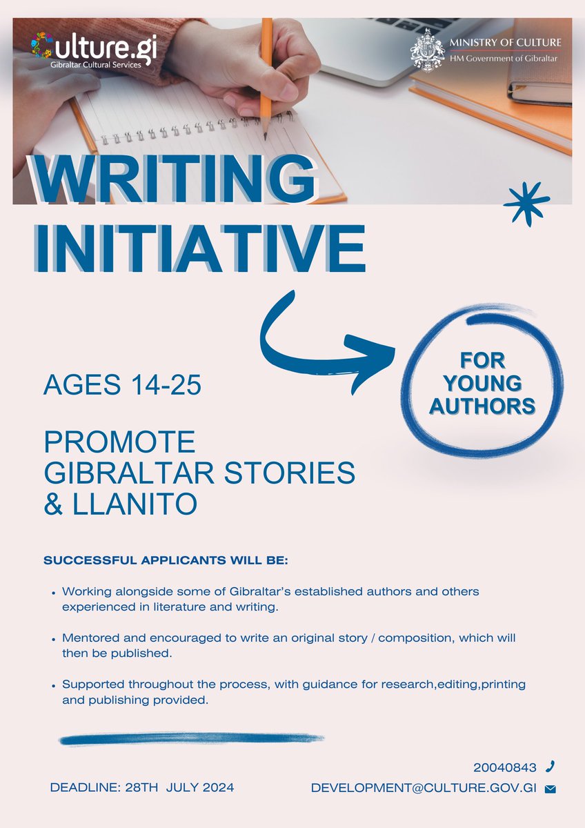 Exciting opportunity alert! for young authors aged 14-25! 📝 Gibraltar Cultural Services on behalf of the Ministry for Culture, is launching once again a writing initiative to promote Gibraltar stories and the Llanito language. Apply now by visiting: culture.gi/news/writing-i…
