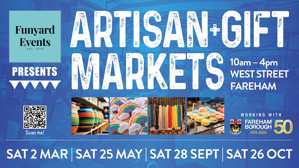 Fareham's next Artisan Market returns to West Street on Saturday 25 May! 🙌 Join us from 10am until 4pm to celebrate and support local businesses and artists while discovering an array of handmade arts, crafts, and gifts 🎁 Find out more 👇 funyardevents.com/events/fareham…