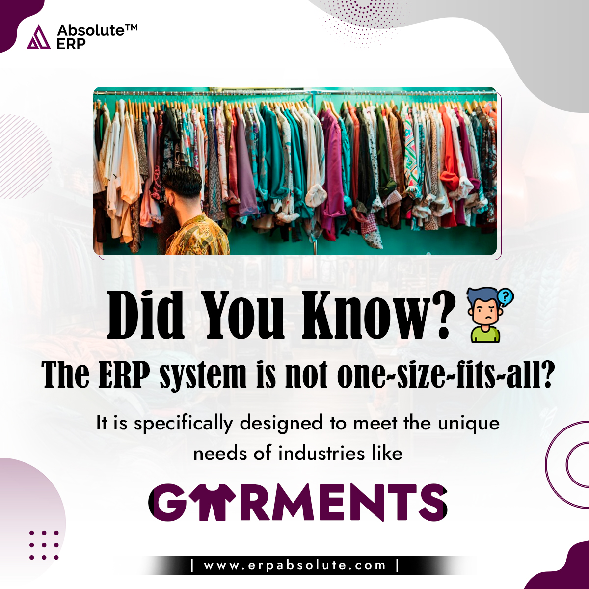 Get your unique needs fulfilled with the best ERP software. Learn more- shorturl.at/hKOQ1
#garmentindistry #absoluteerp #besterpsoftware #garmentsmanufacturingerp #erpsystem #Garments #erp #sap  #garmenterpsoftware #garmentmanufacturingsoftware #erpsoftware