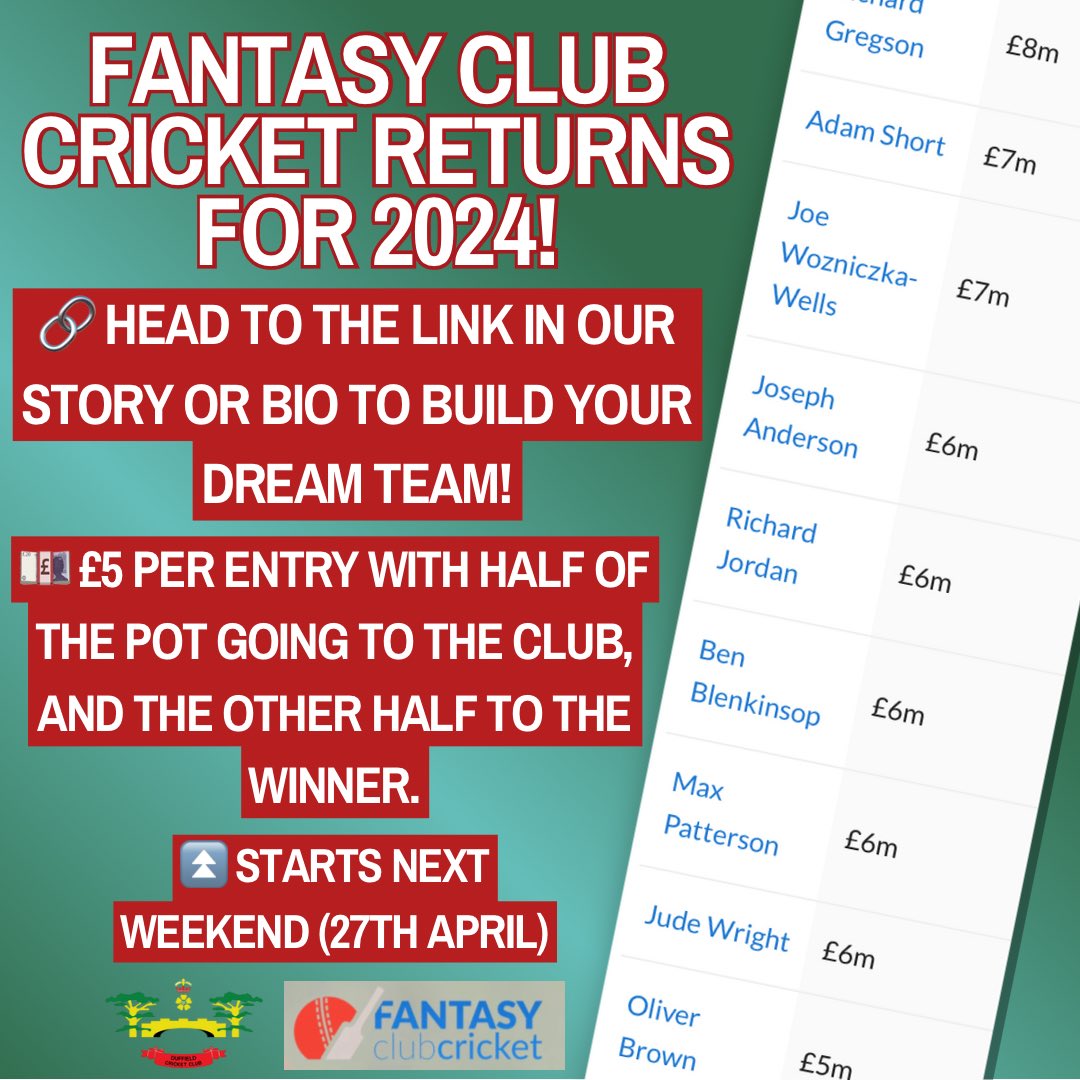 🚨FANTASY CRICKET IS 🔙 The popular fantasy club cricket is back again for the 2024 season, with all new players available to select in your dream XI! Follow this link to enter your team! 🏏 duffield.fantasyclubcricket.co.uk/?fbclid=PAZXh0…