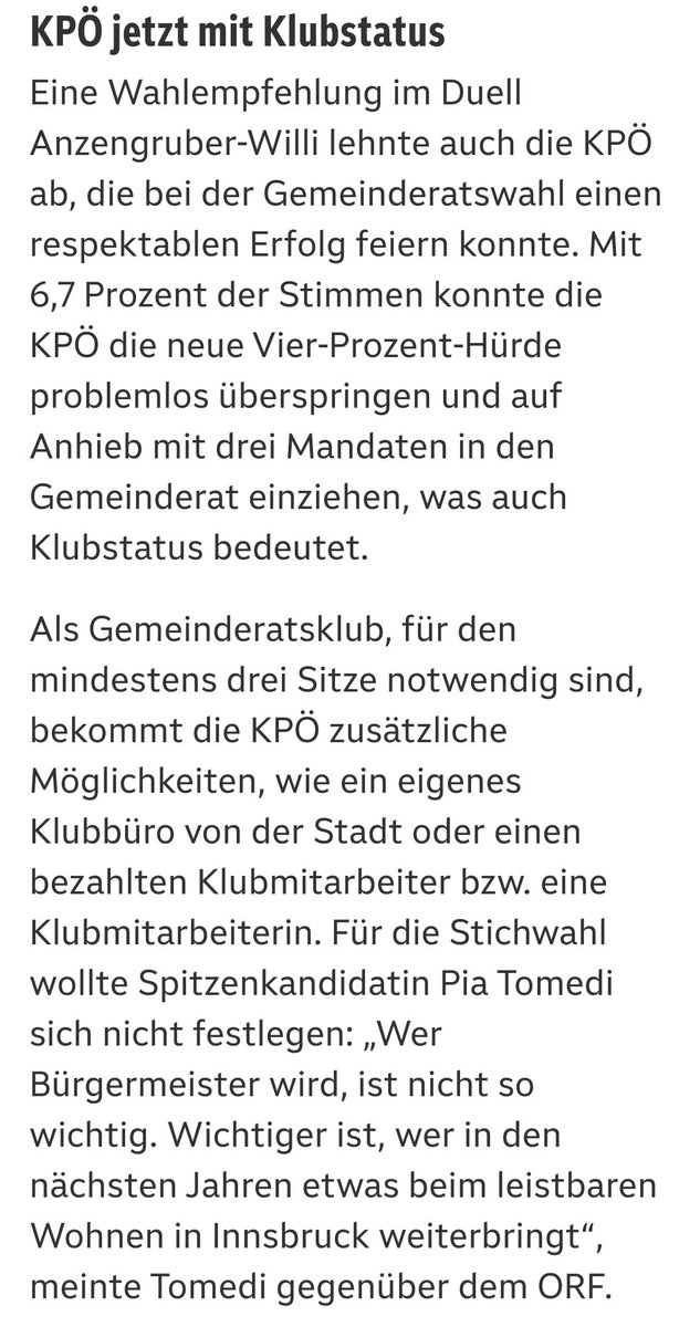 Zum ersten Mal in der über 100jährigen Geschichte unserer Partei, hat die KPÖ Klubstatus in Innsbruck. Was @piatomedi hier geschafft hat, ist ein Stück Zeitgeschichte.
tirol.orf.at/stories/325349…