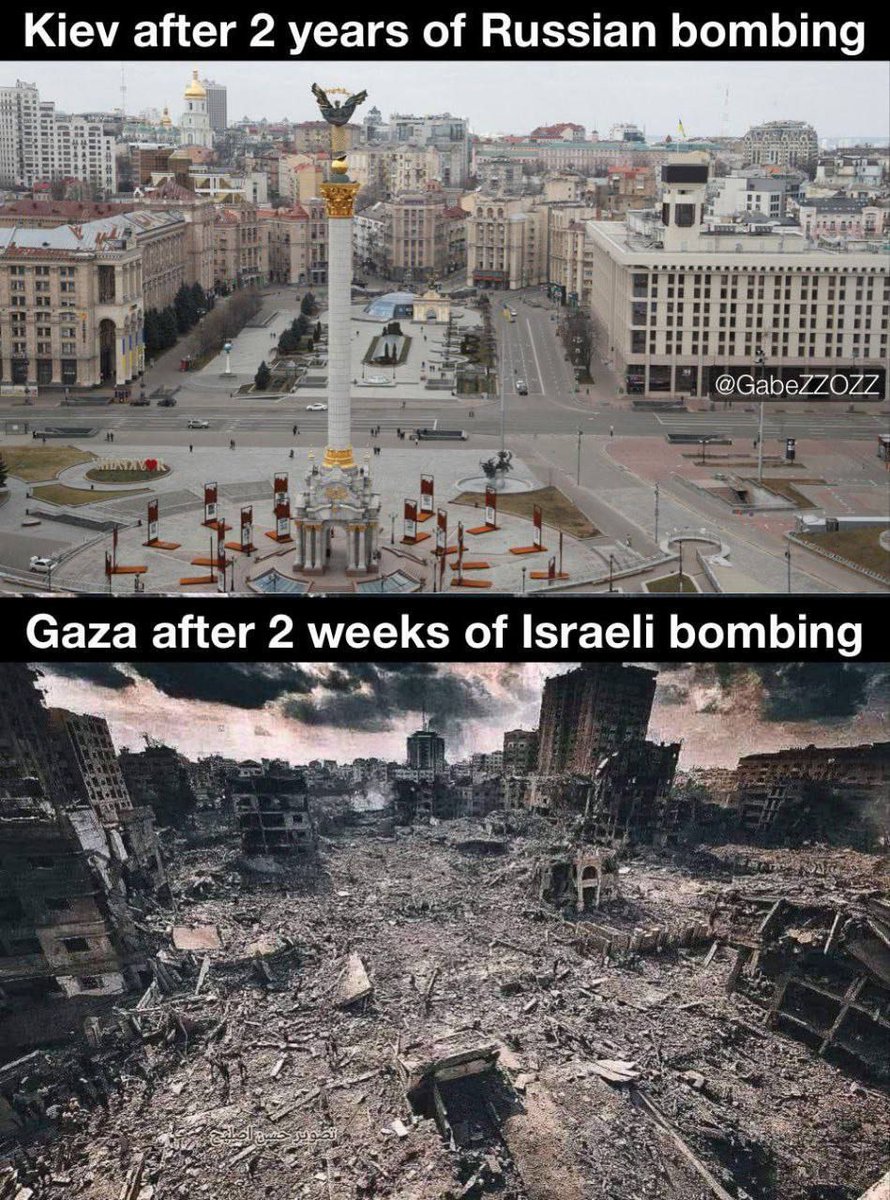Киев, после двух лет «бомбардировок» Россией и Газа после двух недель бомбардировок Израилем.