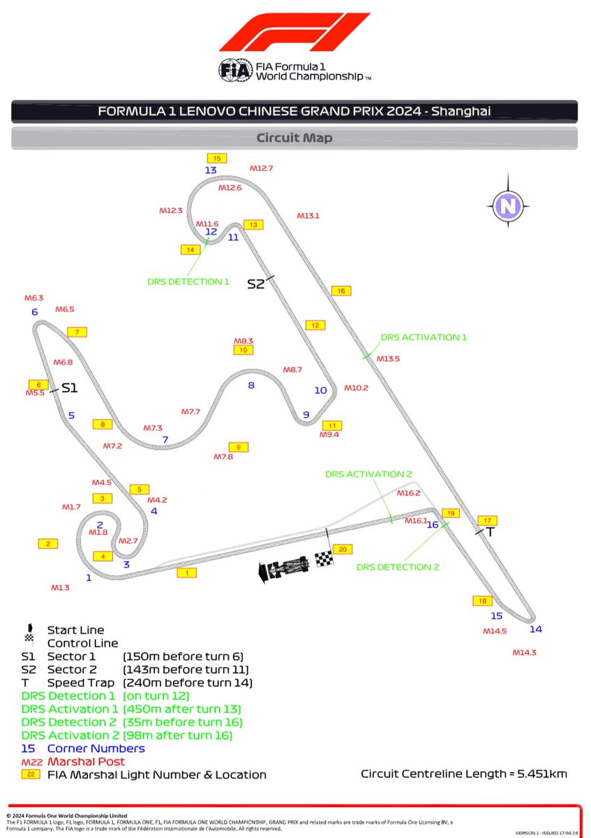 Circuit map for this weekends #ChineseGP 2 DRS activations. Changes to Circuit: -Bumps removed in T1/T8 -A bump on RHS of T3 removed. -Asphalt run-off at the exit of T10 shortened, gravel behind. -Asphalt run-off in T12 LHS/ T16 RHS shortened to 1.7m, gravel behind. -All…