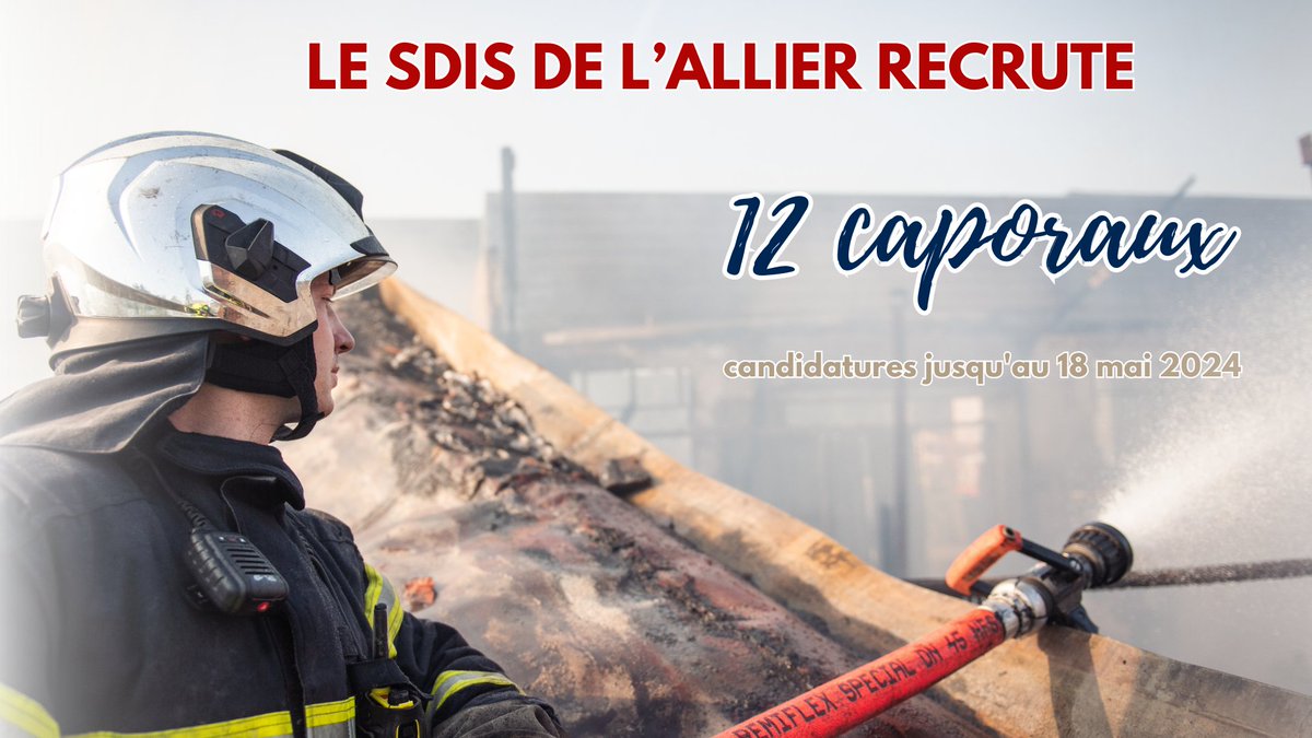 Pompiers03's tweet photo. [#RECRUTEMENT]

📩Le Service Départemental d'Incendie et de Secours de l’Allier recrute :

➡️12 sapeurs-pompiers professionnels au grade de caporal.

📅 Date limite de candidature : 18 mai 2024.

👉Informations :  https://t.co/smDilrqSfa https://t.co/9gtMNxQHBt