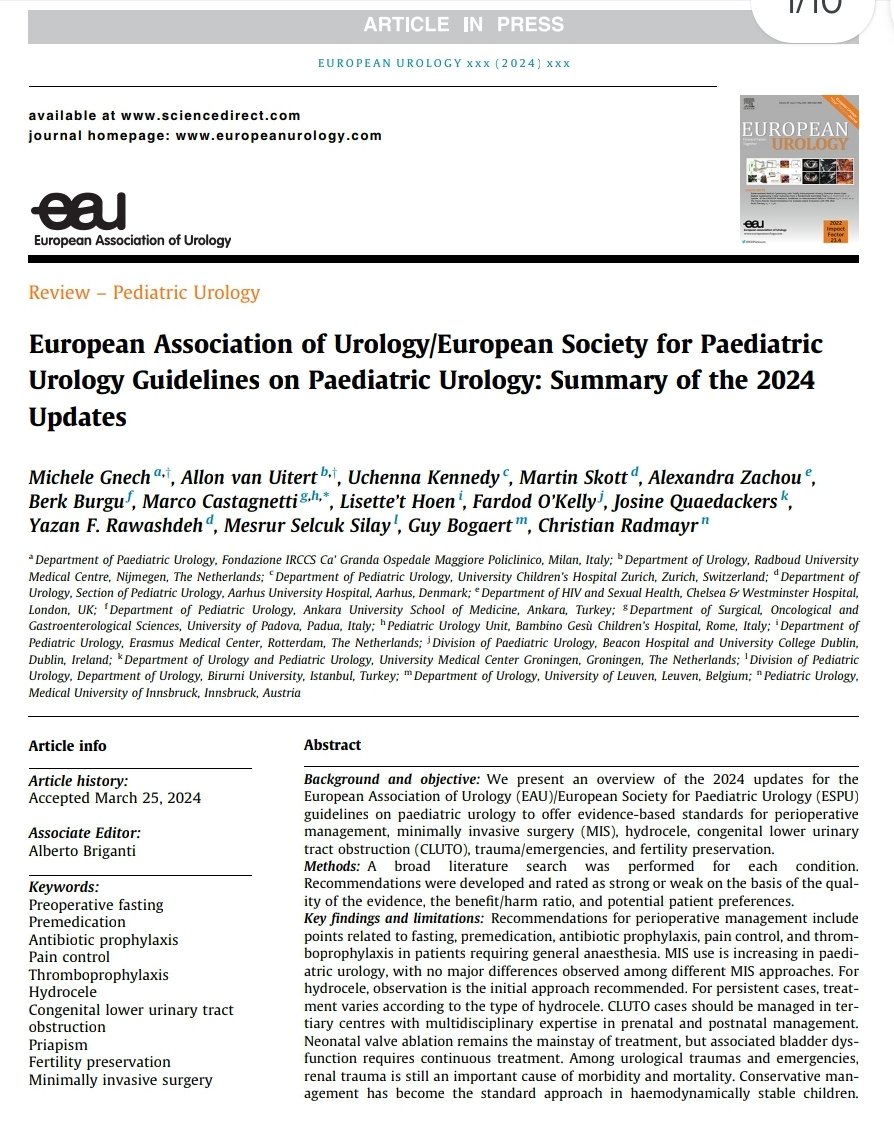 Check out our 2024 updates on #perioperative management, #MIS, #hydrocele, #CLUTO, #trauma and #emergencies, and the new chapter on #fertility preservation. For full guidelines go to uroweb.org/guidelines/pae… @Uroweb @ESPUorg @EAU_YAUPedsUrol @EauEwpu @ERN_eUROGEN