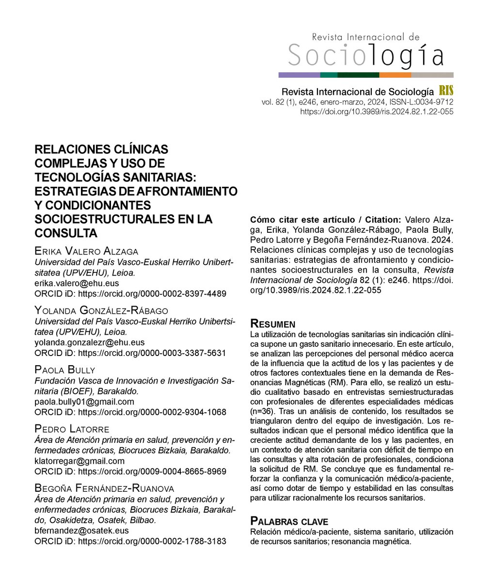 Trabajo d Erika Valero y <a href="/YolandaGRabago/">Yolanda González-Rábago</a> q muestra cómo las malas condiciones estructurales al pasar consulta (déficit de tiempo, alta rotación) y los progresivos cambios en la rel. médic@-paciente condicionan la práctica clínica y la indicación de pruebas
doi.org/10.3989/ris.20…