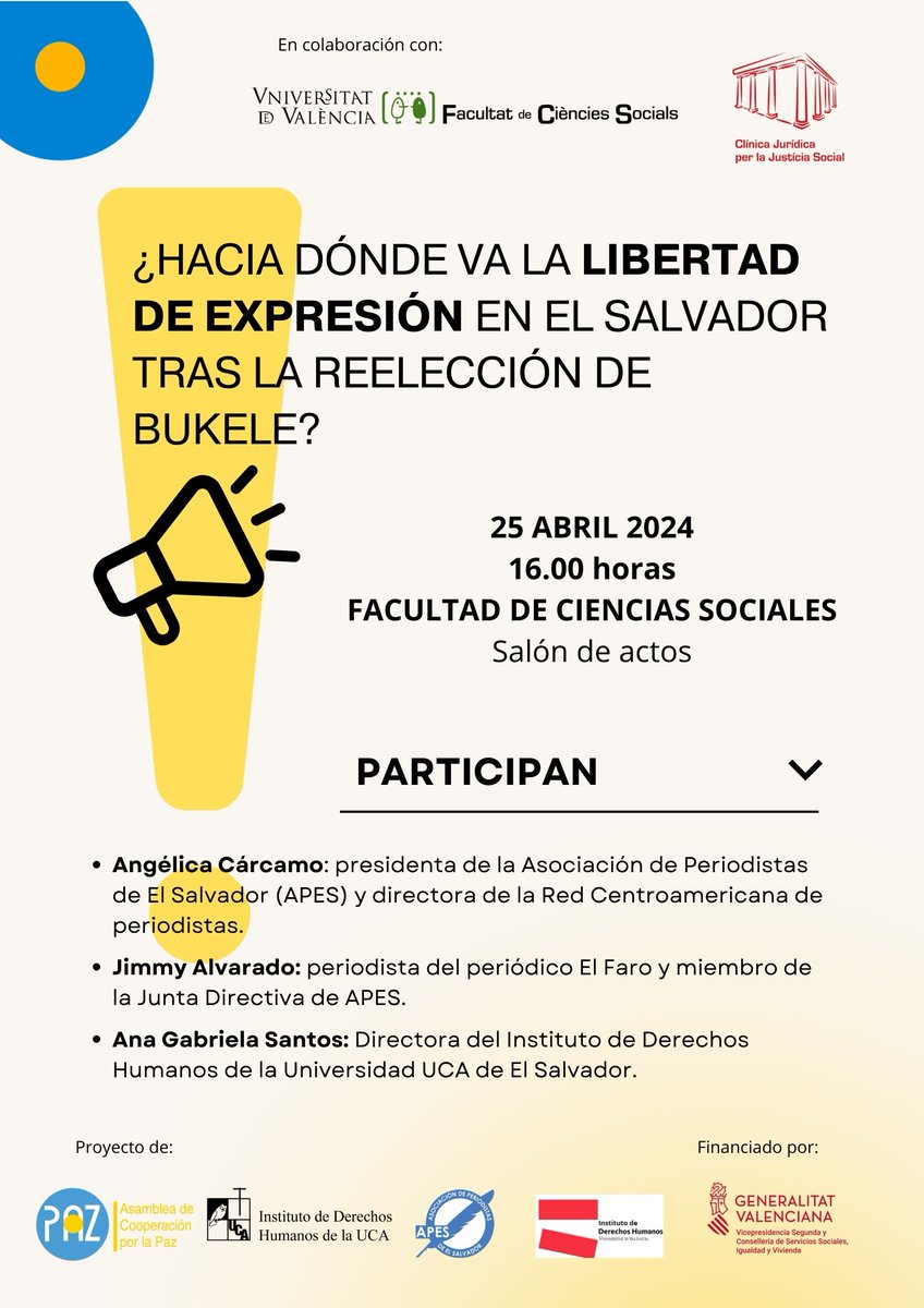 📢 Recordad que este jueves 25 de abril a las 16:00h en la @FacSocialsUVEG discutiremos sobre el estado de la libertad de expresión en 🇸🇻 El Salvador 🇸🇻 tras la reelección de Bukele. ¡Os esperamos! 👏 ¡Gracias a @apeselsalvador, @LegalClinicUV y @ACPP_PV por organizarlo! 👏