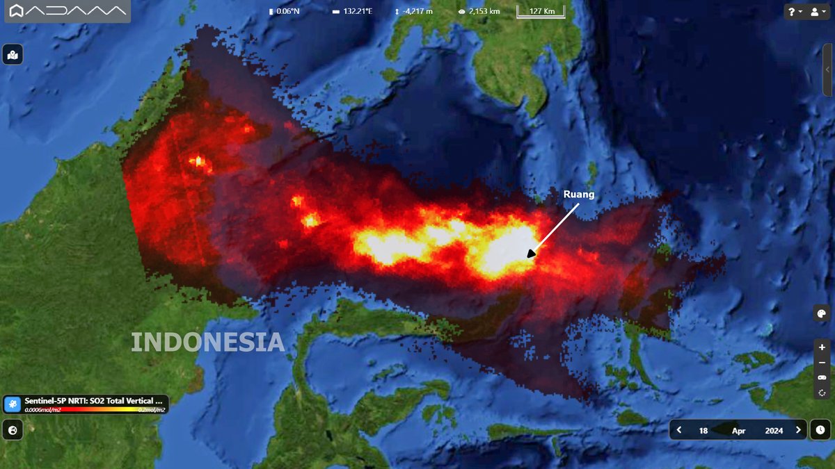 The SO2 plume from the new #eruption of #ruangvolcano is more than 1000 km long. The #Copernicus #Sentinel5p #tropomi detected the sulfur dioxide emissisions on April 18th moving over #Indonesia. #volcano #AirQuality @id_magma @PendakiJakarta @infomitigasi @MikeMasco