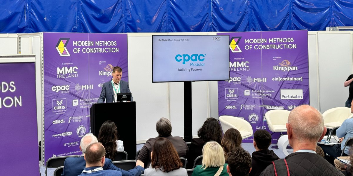 Partel_Passive's tweet photo. We are thrilled to be present at the @ConstructSummit, and witness the first presentation of the day by Mark Whitehead from @Cpac_Modular on modular student accommodation. 

🕒 Don't miss Hugh Whiriskey, our Founder &amp; Director, at 13:15!
@mmc_ireland #ConstructIRE #MMC https://t.co/Yz8C7VOT3D