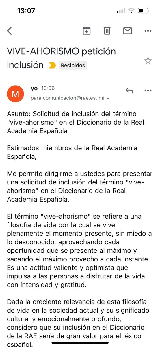Teresa_SM1's tweet photo. @RonBarceloSpain @RAEinforma @RonBarceloSpain he mandado el mejor correo formal a @RAEinforma pidiendo que incluyan el término #viveahorismo. Lo conseguiré? 🤞🏼 https://t.co/APjgyZ826A