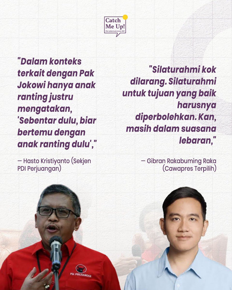 Calon Wakil Presiden terpilih sekaligus Wali Kota Solo Gibran Rakabuming Raka menanggapi pernyataan Sekjen PDI Perjuangan Hasto Kristiyanto terkait silaturahmi Presieden Jokowi dengan Ketum PDI Perjuangan Megawati Soekarnoputri di momen lebaran. Sebelumnya, Hasto menyebut