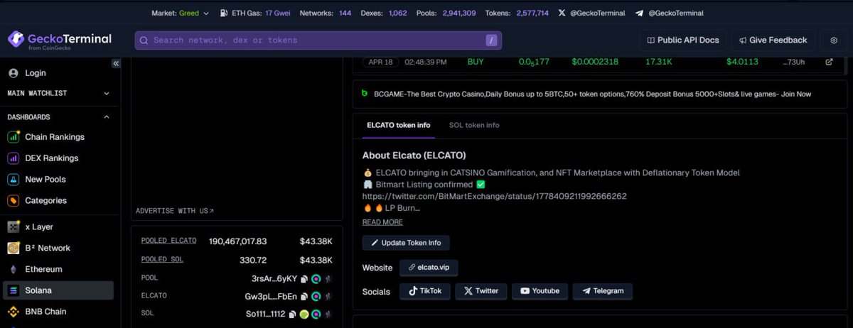 ElCatoSOL's tweet photo. 🔥🔥 Happy to share ELCATO Token Information, including Social Handles, are now updated on #GeckoTerminal.

https://t.co/411Dd7KikC

Do not forget to smash the Rocket on GeckoTerminal for #ELCATO LFG🚀🚀

@GeckoTerminal @coingecko https://t.co/4LIEprn5sk
