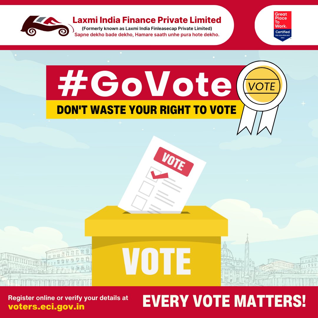 Your vote, your voice! #GoVote and make a difference. Don't waste your right to vote, every vote counts! 🗳️
#ExerciseYourRight #MakeYourVoiceHeard #DemocracyInAction #Laxmiindiafinance #LIFPL #Jaipurfinance
