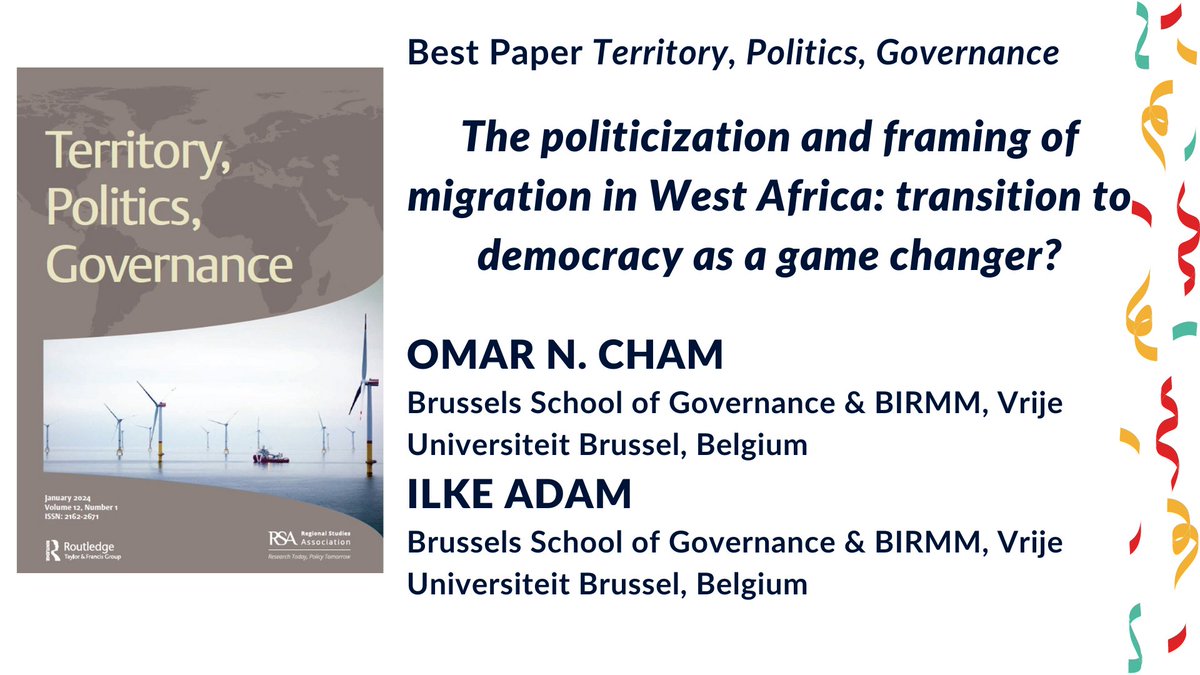 Watch a great ceremony with @klausdodds presenting the 2024 @RSA_TPG Best Paper Award to @OmarNcham and @IlkeAdam for 'The politicization and framing of migration in West Africa: transition to democracy as a game changer?' doi.org/10.1080/216226… More at regionalstudies.org/news/2024-terr…