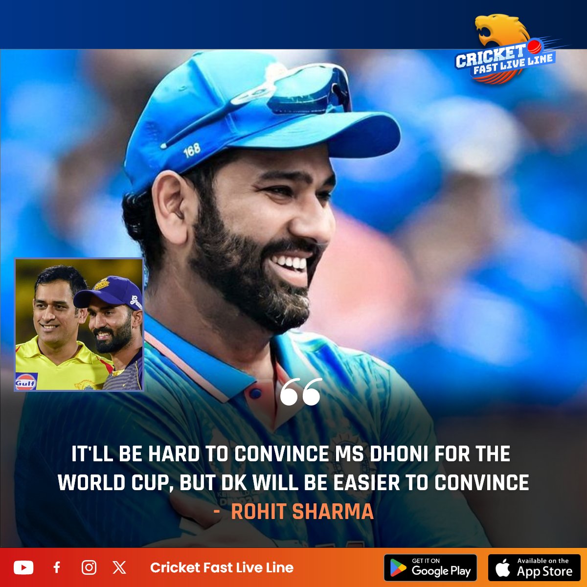 Rohit Sharma jokes around on convincing MS Dhoni and Dinesh Karthik for T20 World Cup 2024.😁

#rohitsharma45 #MSDhoni #DineshKarthik #cricketnews #cricketupdates #T20WorldCup #cricketfastliveline #cfll