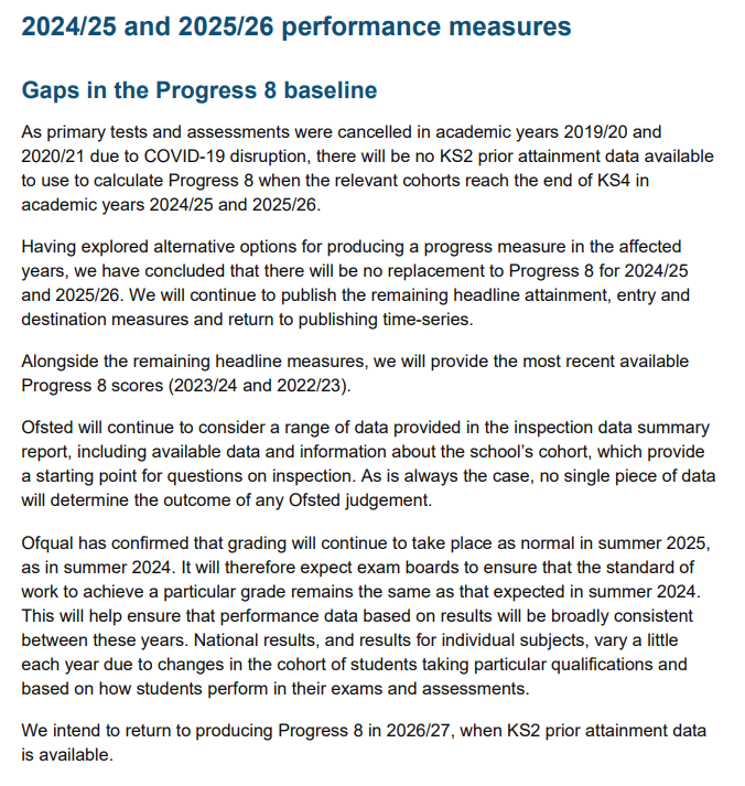 Becky_StJohn's tweet photo. Finally! A decision on Progress 8 for 2025/2026. No P8, and no alternative progress measure. It remains to be seen what will happen in 2026, bearing in mind a possible change of government.
https://t.co/uwFJmLWNvm
#Progress8 #performancetables #schooldata https://t.co/K8gDZ0WraZ
