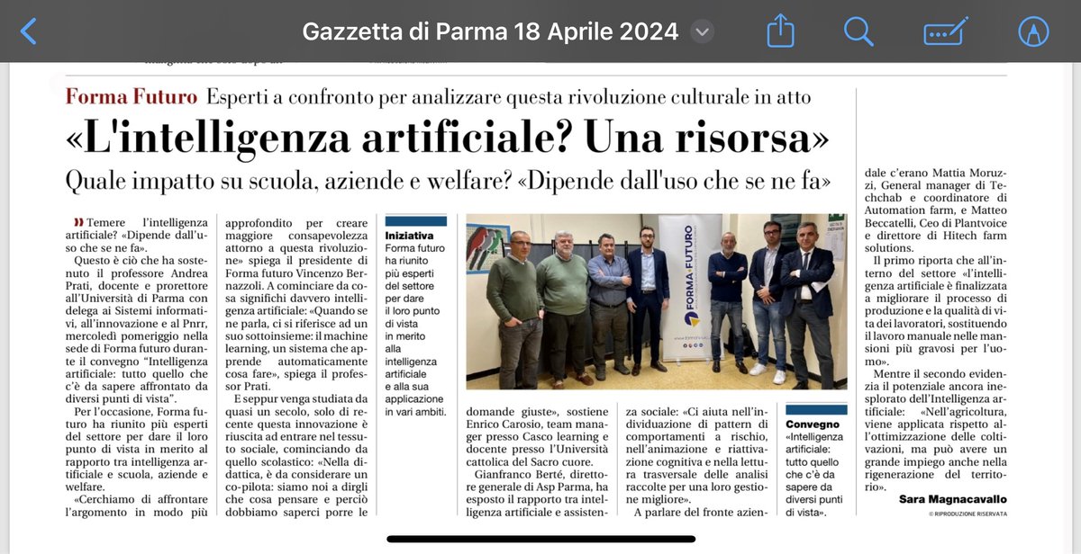 FormazioneParma's tweet photo. L'incontro sull'INTELLIGENZA ARTIFICIALE del 10 aprile 2024, nell'articolo di Gazzetta di Parma. #AI #IA #Futuro #Lavoro #FormaFuturo https://t.co/ckHVPdMxoe