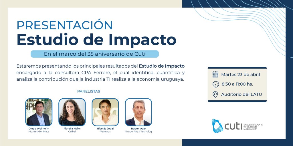 ¡Todos invitados! 📲En el marco de los 35 años de Cuti, presentamos el estudio de impacto de la industria #TI en 🇺🇾, realizado por @cpa_ferrere @njodal (@GeneXus), @FiorellaHaim (@Ceibal_Uy), Diego Wolheim (Montes del Plata) y @RubenAzarS (Grupo Ras) 👉bit.ly/445w4Z1