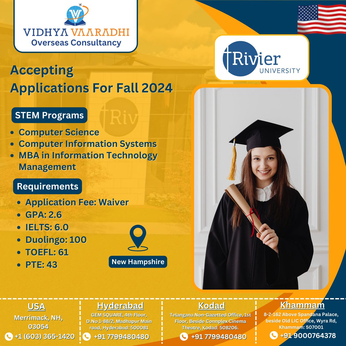 Explore educational opportunities in the USA! Accepting Applications for the Fall 2024 intake at Rivier University in Nashua. Apply now!

 #RivierUniversity #fall2024ApplicationsOpen #nashua #vidhyavaaradhi #fall2024intake #computerscience #mba #computerinformationsystemsoption