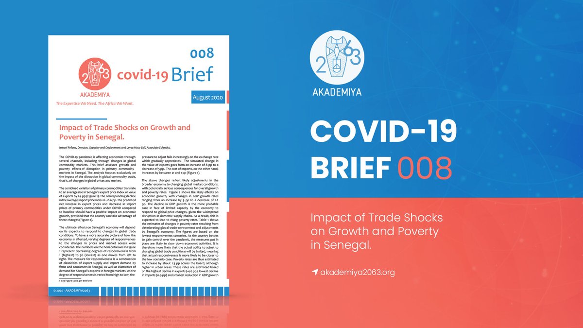 Throwback: @AKADEMIYA2063 COVID19 Brief #008: Impact of Trade Shocks on Growth and Poverty in Senegal. This brief assesses growth and poverty effects of disruption in primary commodity markets in Senegal. Learn more👉 shorturl.at/jyD27