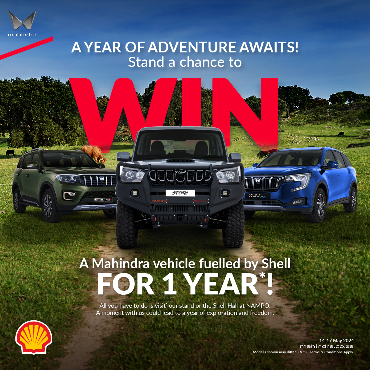 Come to NAMPO and uncover your chance to win with Mahindra and Shell! Join us at the Shell hall or Mahindra stand and you could be the lucky winner of a Mahindra vehicle and a full year of fuel.​ ​ *Terms and conditions apply. ​ ​ #MahindraSA