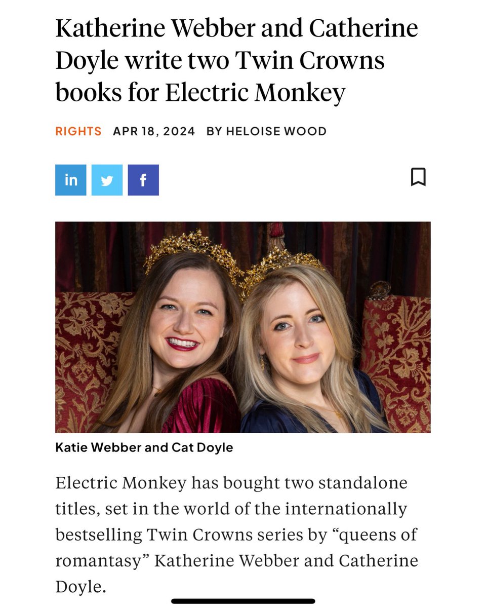 👑👑 The news is out!! The TWIN CROWNS trilogy is complete but we are expanding the world with two new standalone novels! Details on @thebookseller 🎉🎉 thebookseller.com/rights/katheri…